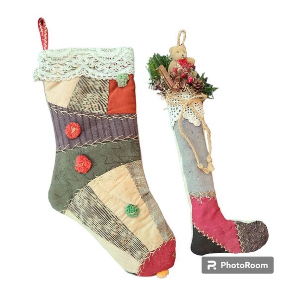 True Rustic Christmas Charm - Two Vintage Christmas Stockings From Quilt Pieces - Picture 1 of 16